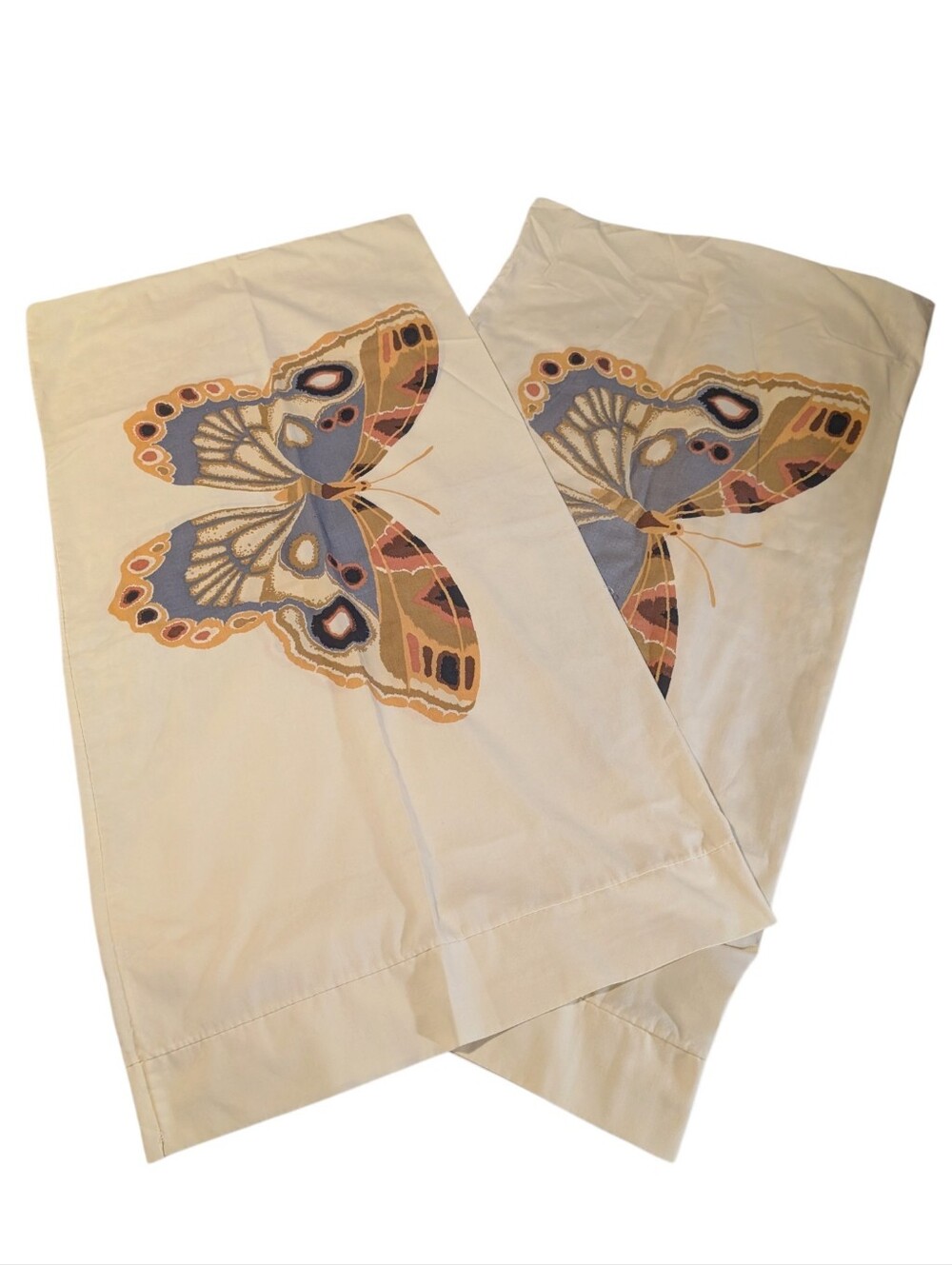 Vintage Butterfly Pillowcases Pair Cream Blue Orange Large Graphic Retro Bedding